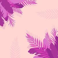 rosafarbene tropische blätter mit federn in den ecken des banners. pastellfarbener heller hintergrund mit laub- oder pflanzenvektorillustration. vektor