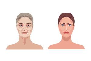 äldre och ung kvinna. skön flicka med slät och tonad ansikte och gammal med rynkor vektor