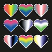 lgbtq-Reihe von holografischen Symbolen im Retro-Stil. sticker lgbt, asexuell, nicht-binär, transgender, genderfluid, pansexuell, bisexuell, genderqueer, polysexuell vektor