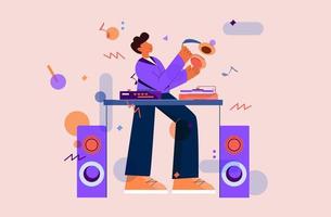 dj machen musikillustration. Charakter mit Kopfhörern und Gerätemelodien erstellt Musiktitel. vektor