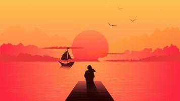 ensam kvinnakontur vid solnedgången. ensam drömmande tjej som tittar på orange solnedgång med ett segelfartyg bland molnen på havet pir illustration person ensamhet eftertänksam vektor depression.