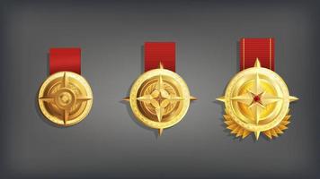 rankad spel tecknad serie medaljer. symbol av prestation och bricka seger i tävlingar lysande triumf av cyber idrottare tilldela priser för bäst vektor resultat.