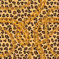 panter hud med guld kedjor sömlös mönster. puma gul fläckar med svart jaguar schema konturer i tiger vektor Färg.