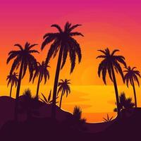 tropisk strand med handflatan träd och hav med Sol reflexion. sommar semester eller tillflykt på solnedgång. ö med växter vektor illustration.