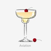 Cocktail-Luftfahrt. ganztägiger cocktail alkoholischer silbergrauer gin maraschino-likör violetter likör zitronensaft im cocktailglas belebend, erfrischend serviert mit vektorkirsche. vektor