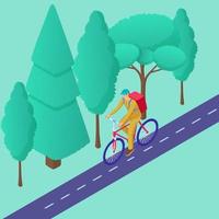 Lieferkurier auf dem Fahrrad. charakter in gelber uniform rotes sportfahrrad mit rucksack auf der autobahn schnelle lieferadresse malerischer vektor grüne bäume am straßenrand.