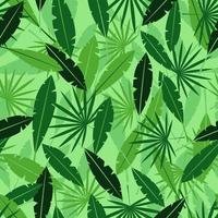 Blätter im Dschungelhintergrund. tropische grüne pflanzen mit exotischen formen sommer in hawaii mit pflanzendickichten und lianenfarnwäldern in nebligem dunstregen und vektordampf. vektor