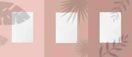 Satz leeres weißes a4-Papierschablonenblatt mit Pflanzenblatt-, Laub- und Zweigschattenvektorflachillustration. Sammlung von Rohling mit Kräutern und Baumschattenauflage auf nacktem rosa Hintergrund vektor