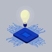 Idee der Verstärkung des Computerprozessors. moderner blauer digitaler Chip mit brennendem Licht darüber. vektor