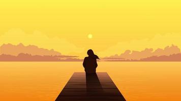 ensam flickakontur vid solnedgången. ledsen ensam drömmande kvinna sitter och tittar på orange solnedgång bland moln på havet pir illustration person ensamhet eftertänksam vektor depression.