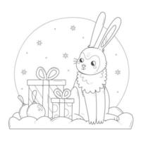 ein kaninchen mit geschenken kinder zum ausmalen. Hasenfigur im Schnee mit Geschenken und Weihnachtsspielzeug Malbuch. weihnachtsillustration des neuen jahres des vektors. Winter 2023. vektor