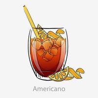 americano cocktail. alkoholhaltig vermouth aperitif cocktail och campari i glas av gammal mode färsk, uppfriskande med strån is kuber vektor skiva orange, soda.