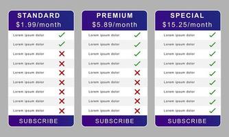 prissättning tabell för företag hemsida. jämförelse Diagram mall. jämförelse tabell. vektor illustration
