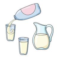 Eine Reihe farbiger Symbole, eine blaue Plastikflasche mit einem Getränk, Milch in ein Glasglas gießen, eine Johannisbeere mit Milch. Vektor-Cartoon-Stil vektor