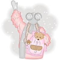 Winter, Mädchen mit Rucksack, Bär und Winterkleidung, Modevektorillustration vektor