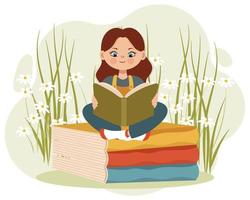Ein süßes Mädchen mit einem Buch sitzt auf Büchern auf einem Hintergrund von Gänseblümchen. karikaturillustration, babyabdruck, vektor