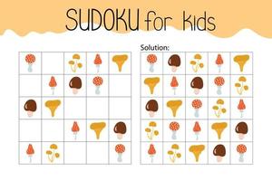 Sudoku-Lernspiel oder Arbeitsblatt für Freizeitaktivitäten, Vektorgrafik, druckbares Raster zum Ausfüllen fehlender Bilder, Themenvokabular zum Herbstdankfest, Puzzle mit seiner Lösung, Lehrerressourcen vektor