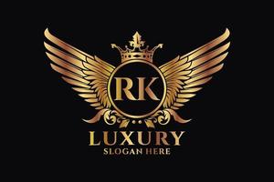 luxus königlicher flügelbuchstabe rk wappengoldfarbe logovektor, siegeslogo, wappenlogo, flügellogo, vektorlogovorlage. vektor