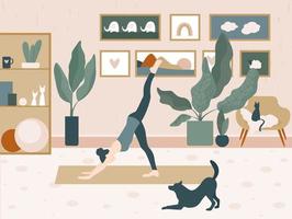 gemütliches Hygge-Komfort-Wohninterieur. Mädchen und ein Hund machen zu Hause Yoga. lustige Cartoon-Illustration für den Einsatz im Design vektor