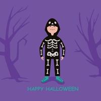 Lycklig söt liten unge pojke fira halloween bär skelett kostym vektor