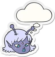 Cartoon Alien Space Girl Gesicht und Gedankenblase als bedruckter Aufkleber vektor