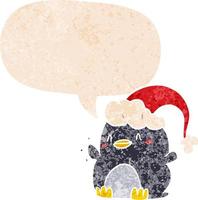 Cartoon-Pinguin mit Weihnachtsmütze und Sprechblase im strukturierten Retro-Stil vektor