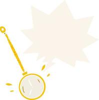 Cartoon schwingende goldene Hypnotiseur-Uhr und Sprechblase im Retro-Stil vektor