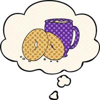 cartoon-kaffee und donuts und gedankenblase im comic-stil vektor