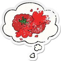 Cartoon gequetschte Tomate und Gedankenblase als beunruhigter, abgenutzter Aufkleber vektor