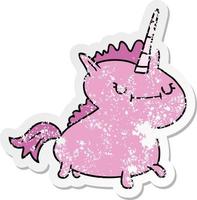 Distressed Sticker Cartoon Doodle eines magischen Einhorns vektor