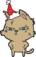 harte Strichzeichnung einer Katze mit Weihnachtsmütze vektor