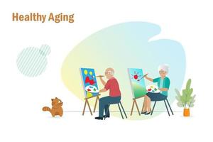 friska åldrande, senior livsstil. Lycklig äldre par målning duk för avslappning och rekreation aktiviteter. vektor