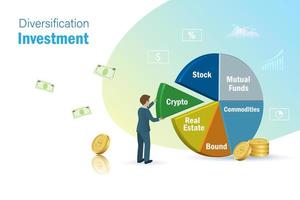 Geschäftsmann, der Diversifizierungsinvestitionen auf Kreisdiagramm neu ausbalanciert. Finanzallokation, Anlagestrategie und Risikomanagement des Portfolios. vektor