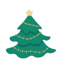 grüner weihnachtsbaum mit girlande und stern, flacher vektor, isoliert auf weiß, einzelnes element vektor