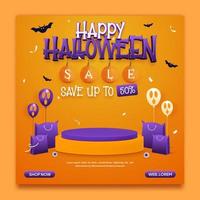 Halloween-Verkaufs-Social-Media-Anzeigen-Banner-Vorlage mit Podium und Halloween-Elementen vektor