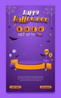 halloween-verkaufs-social-media-plakatschablone mit podium auf purpurrotem hintergrund vektor