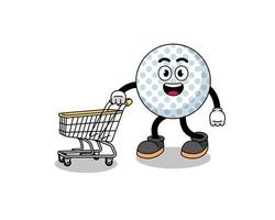 Karikatur des Golfballs, der einen Einkaufswagen hält vektor