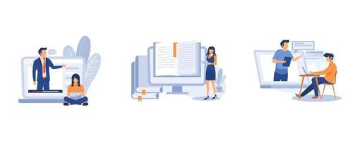 E-Learning-Tools. Online-Kurse, E-Bibliothek, globale Online-Bildung, Zertifikatdiplom, Zugang zum Content Store. stellen Sie moderne Illustration des flachen Vektors ein vektor