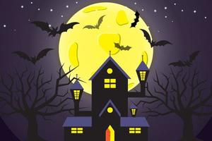 Halloween-Feier mit verschiedenen Charakteren, Vollmond, Teufelshaus, Fledermäusen und Nacht vektor