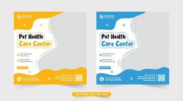 Tierpflegedienst Social Media Post Vektor mit gelben und blauen Farben. Haustier-Veterinär-Web-Banner-Design mit abstrakten Formen. Design von Werbevorlagen für Tierpflege und Gesundheitspflege.