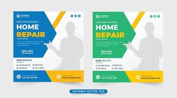 modern hus renovering service webb baner vektor för uppkopplad marknadsföring. Hem reparera företag social media posta design med blå och grön färger. hus konstruktion service annons affisch.