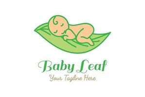 förtjusande söt rolig bebis sovande på blad växt träd logotyp design vektor