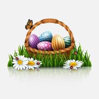 påsk hälsning kort med en full korg av färgrik ägg och blommor i de gräs vektor