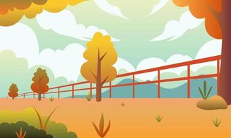 Herbst Panorama Illustration Vektor Hintergrund. fallende Blätter mit orangefarbenem Himmel. bewölkte szene der bauernhofillustration