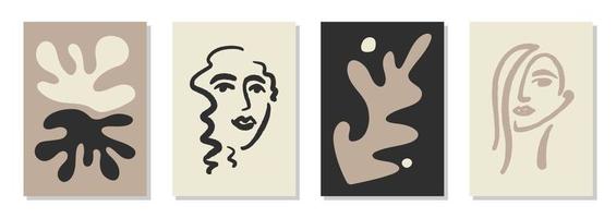 Set aus 4 von Matisse inspirierten Wandkunstpostern, Broschüren, Flyervorlagen, zeitgenössischen Collagen. organische Linie abstrakt und Frauengesichter, handgezeichnetes Design, Tapete. dynamische Formen grafischer Vintage-Vektor vektor