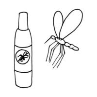 Insektenschutzspray Camping Umrissvektor. mücken und beißende mücken greifen schwarz-weiß-illustration an. Schädlingsbekämpfung, natürliches Mückenschutz-Aerosol-Doodle vektor