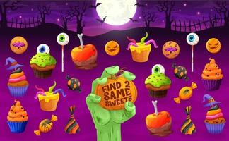 Finden Sie zwei gleiche Halloween-Süßigkeiten, Kekse und Kuchen vektor