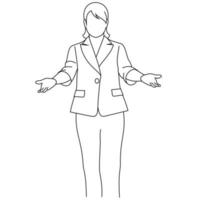 illustration av linje teckning en inspirerad ung kvinna håll öppen handflatan till visa plats tömma kopia Plats för reklam, försäljning eller som visar en produkt. begrepp av annons produkt eller presenter ny aning vektor