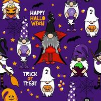 Gartenzwerge in Halloween Cotume - lustige Zeichnung nahtloses Muster. Tapeten, Geschenkpapier. glücklicher halloween-tag. hexe, besen, dracula troll cartoon design.