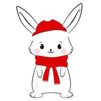 söt liten kanin i en santa hatt och röd scarf. tecknad serie djur- karaktär för barn t-shirts, barnkammare dekoration, bebis dusch, hälsning kort, inbjudan. vektor